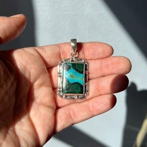 Sterling Silver 925 Malachite Chrysocolla XL Large Heavy Handmade Unique Pendant